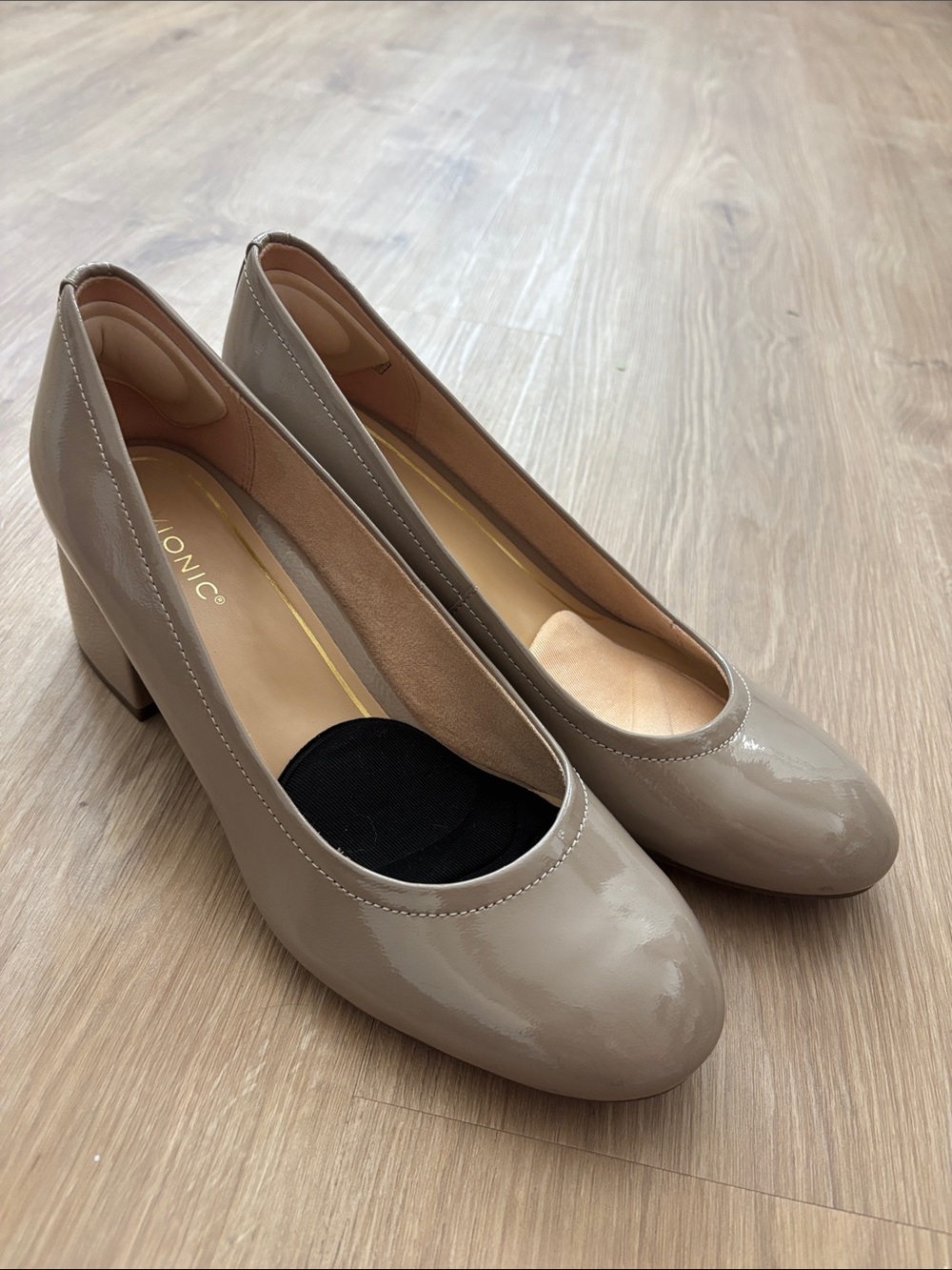 Vionic Taupe Patent Round-Toe Block Heels